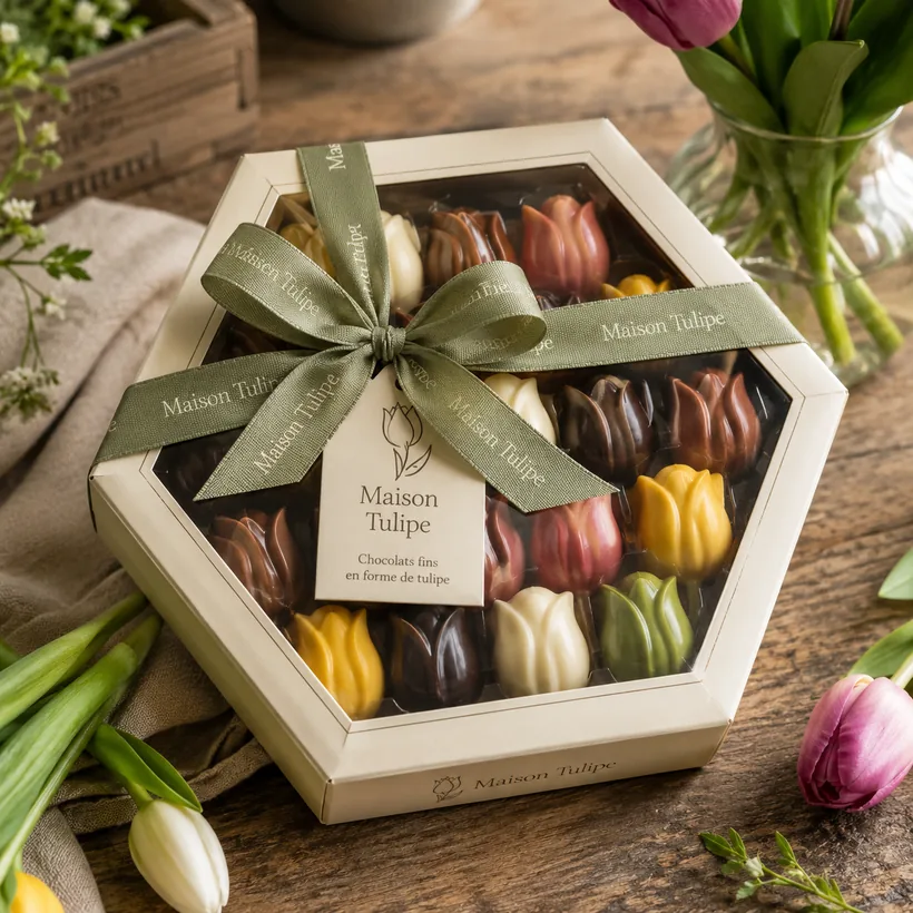 Boîte hexagonale claire de chocolats en forme de tulipe, ruban vert sauge.