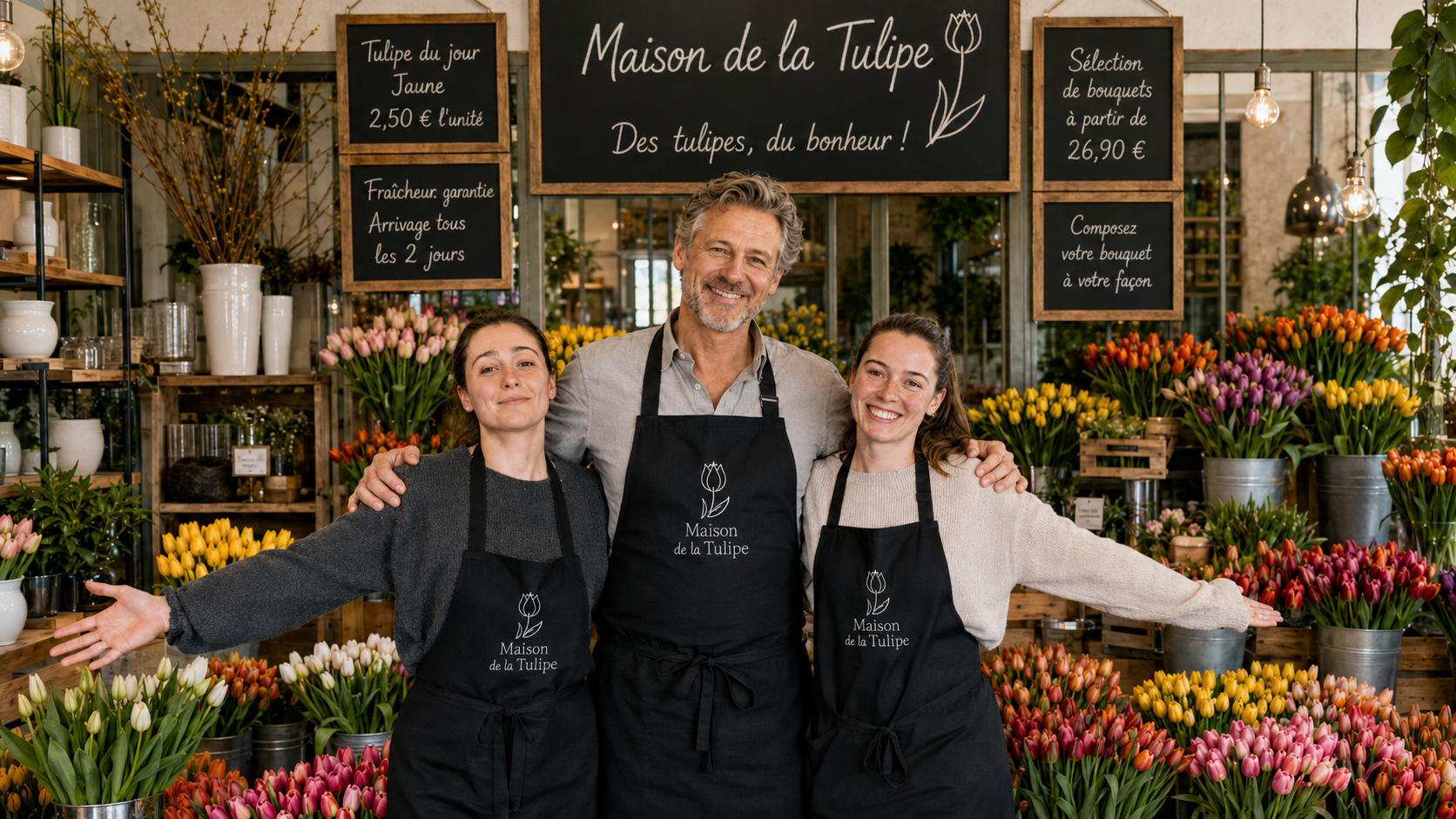 Joost et ses deux filles, fleuristes, devant un mur de tulipes dans la boutique Maison de la Tulipe.