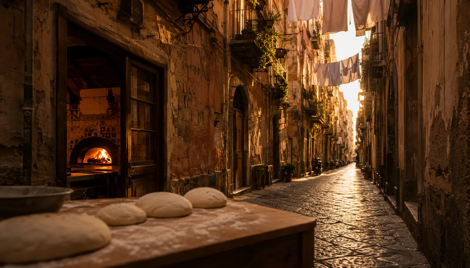 Ruelle de Spaccanapoli à Naples, un four à bois eclaire l'allee pavee