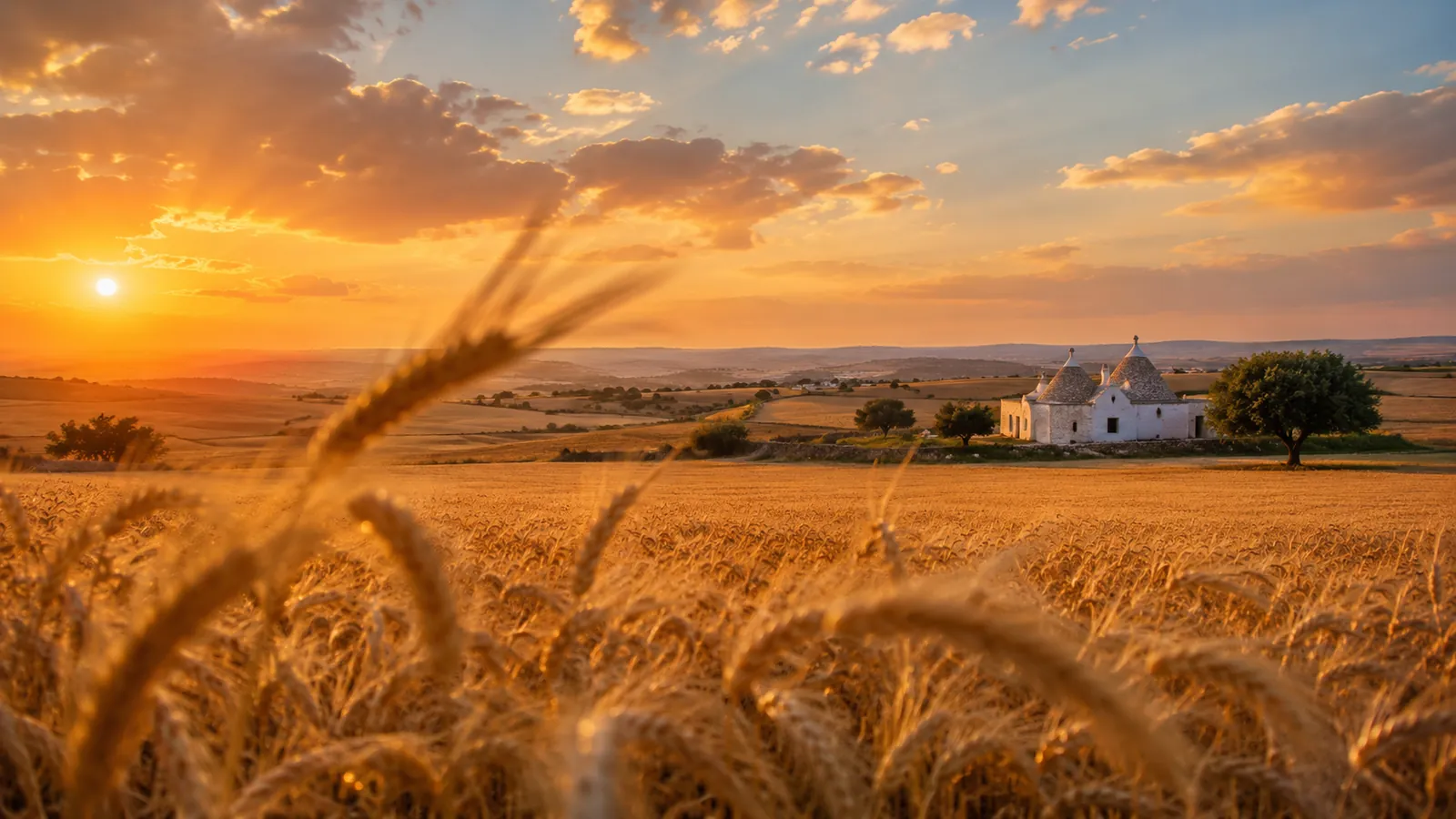 Champ de ble dore des Pouilles au coucher du soleil, un trullo blanc au loin
